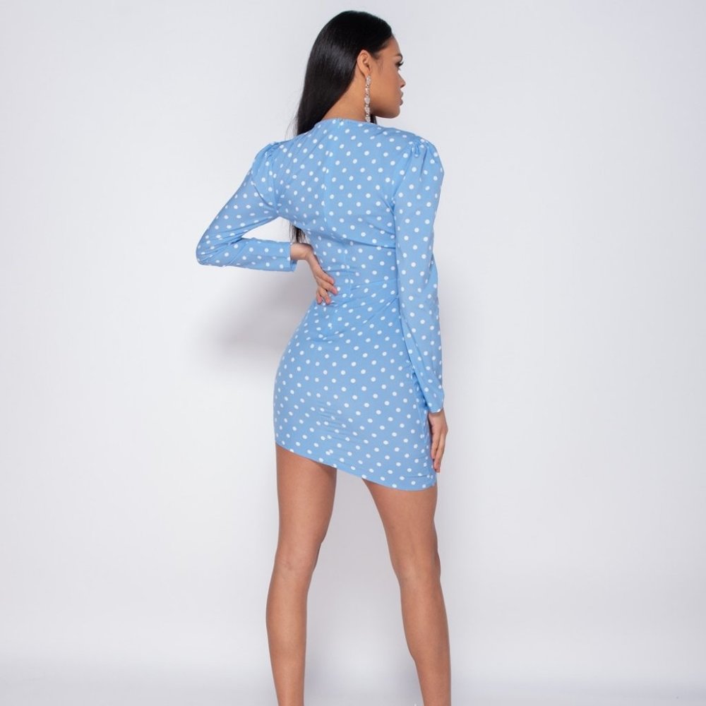 Polka Dot Long Sleeve V-Neck Bodycon Mini Dress - Picture 5 of 8